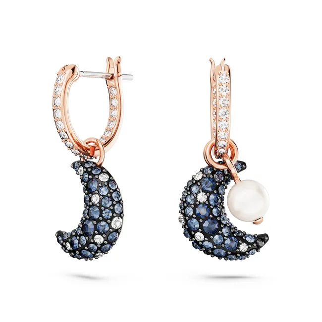 Rose gold earrings with gemstone crescent moons and pearls, embellished with small crystals.