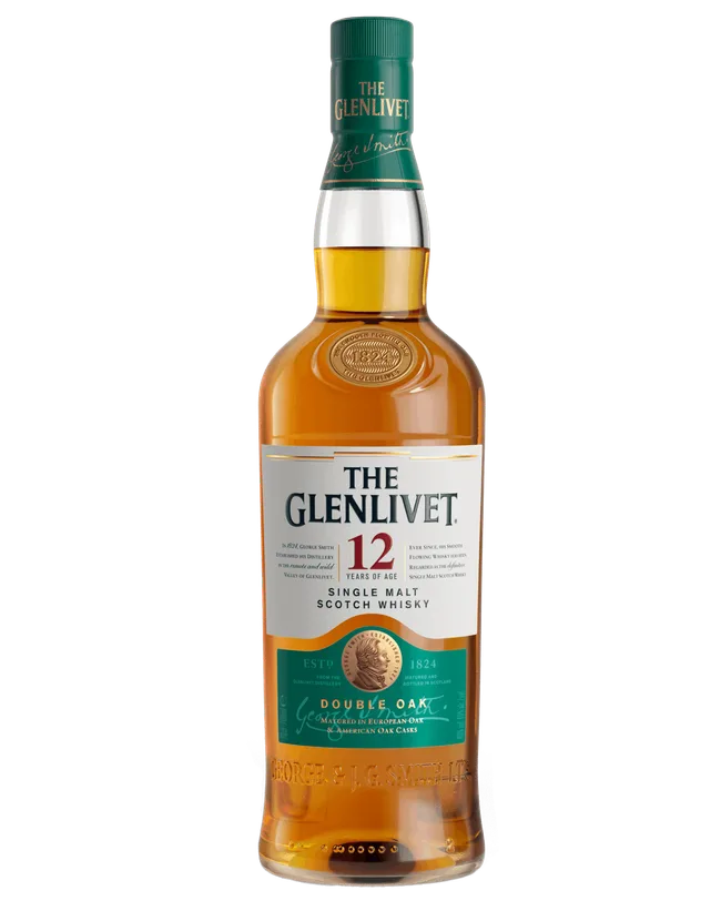 The Glenlivet 12 Year Old Single Malt Scotch Whisky bottle with a green label and gold accents.