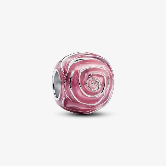 Pink rose-shaped charm bead on a white background.